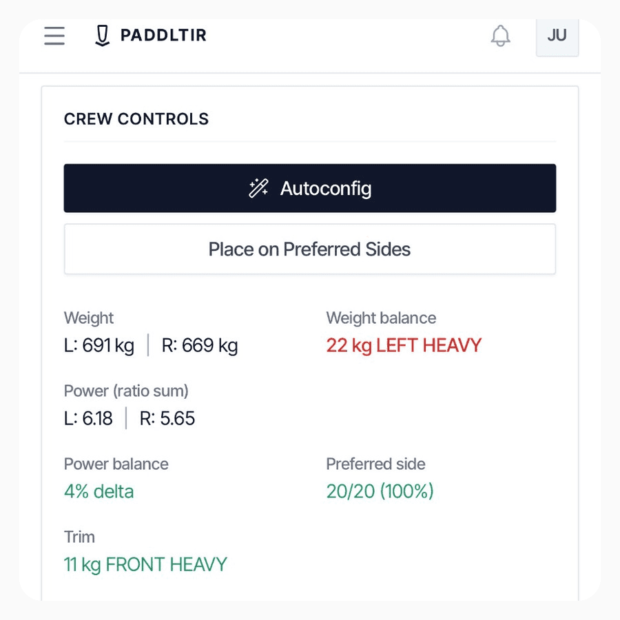 Paddltir crew controls showing weight balance, power, and trim